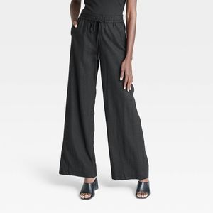 Women's High-Rise Wide Leg Linen Pull-On Pants - A New Day Black M